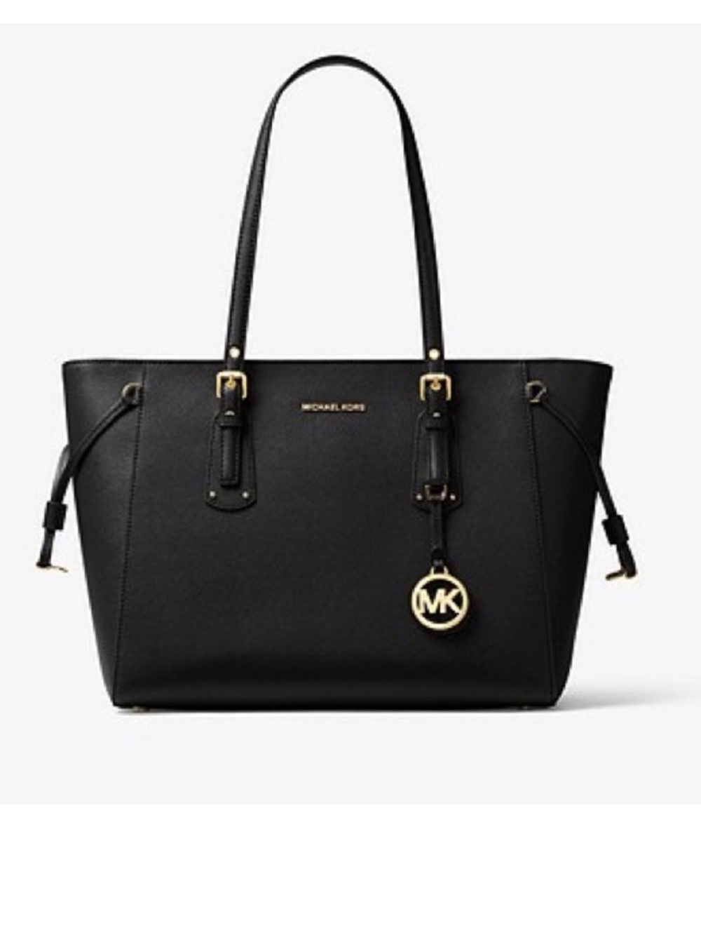 NWOT Michael Kors “Voyager” Medium Black Leather Tote Bag with Gold Accent